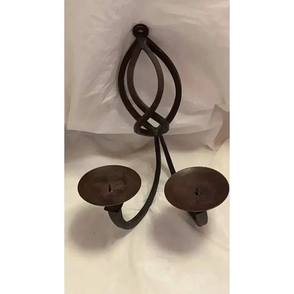 Vintage Heavy Forged Iron Wall Candle Holder Double Sconce Rustic Brown 12.5